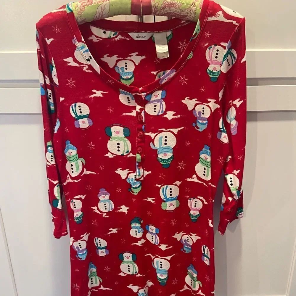 Adonna Women Henley Sz Medium Pyllover Sleep Shirt Gown 3/4 Sleeve Snowmen CUTE